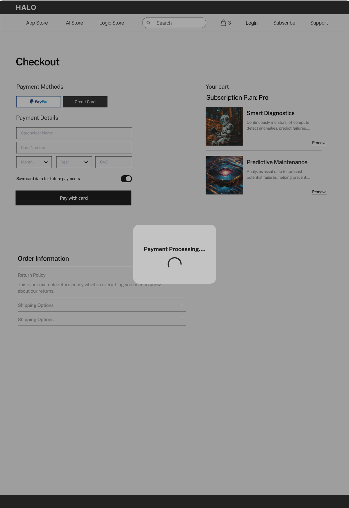 Payment processing state wireframe